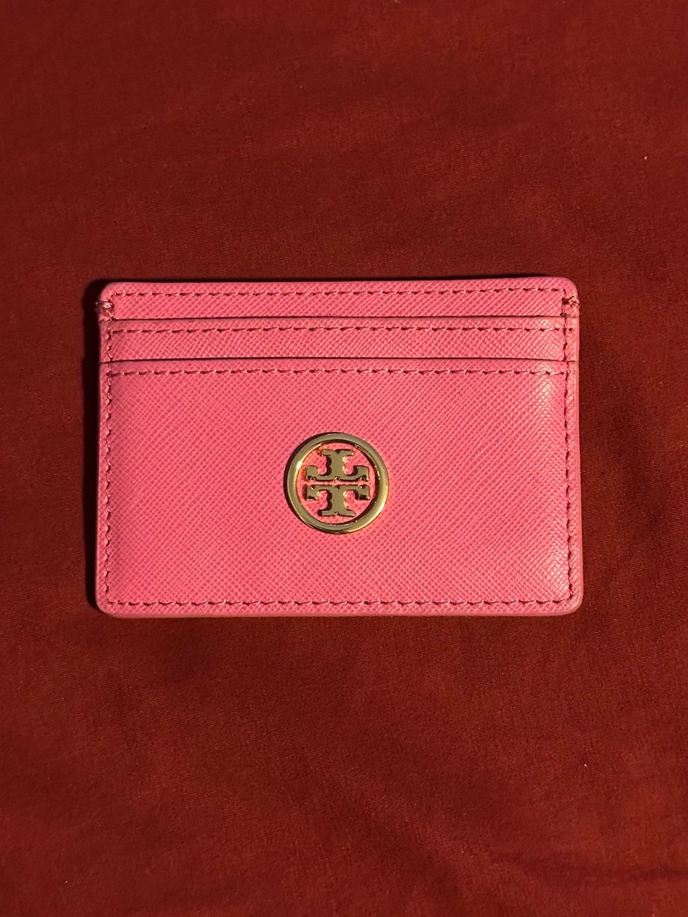 Tory Burch Hot Pink Saffiano Leather Card Holder with Gold Logo
